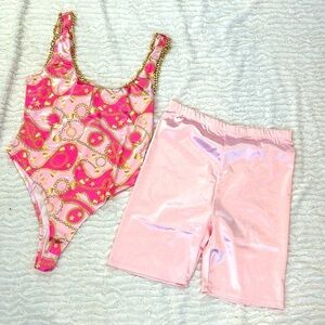 Sugar thrillz pink charm chain bodysuit and metallic biker short women’s XL new